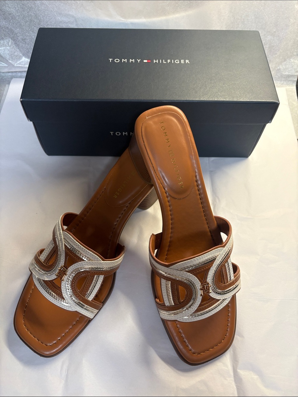 Tommy Hilfiger Brown Leather Slides with Silver Metallic Straps